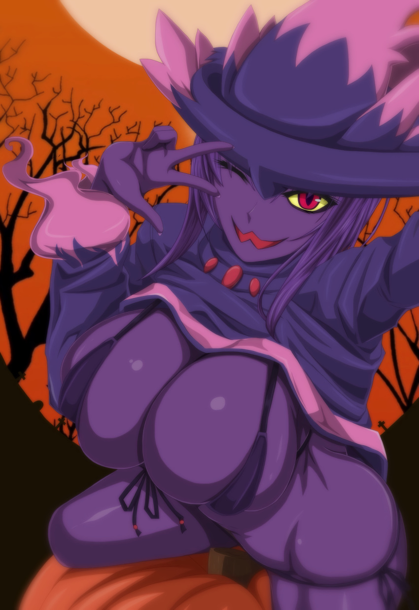 absurd_res breasts candy clothed clothing detailed_background female food hair halloween hat headgear headwear hi_res holidays humanoid mismagius moon nintendo not_furry one_eye_closed open_mouth open_smile partially_clothed pok&eacute;mon pok&eacute;mon_(species) purple_body purple_hair q_wed red_eyes smile solo tongue video_games