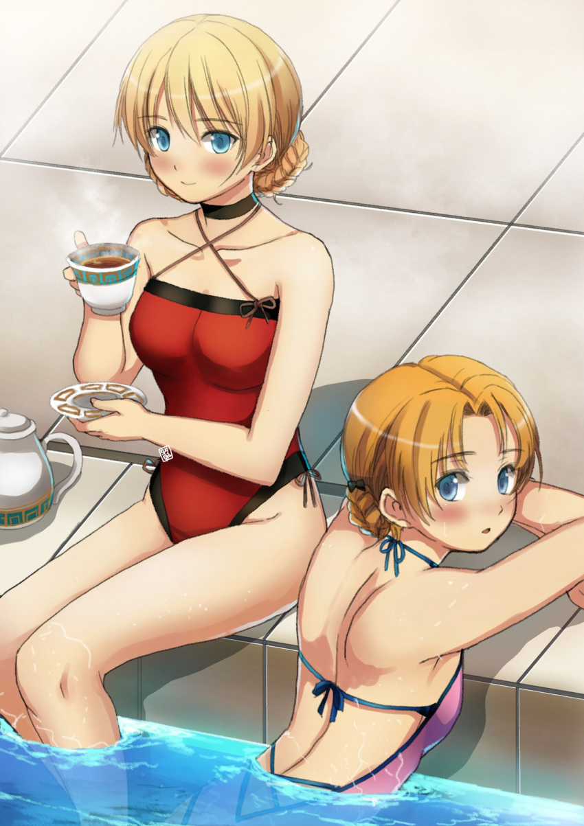 2girls backless_swimsuit bangs black_bow black_choker blonde_hair blue_eyes bow braid breasts casual_one-piece_swimsuit choker collarbone commentary_request cup darjeeling_(girls_und_panzer) garimpeiro girls_und_panzer hair_bow highres medium_breasts multiple_girls one-piece_swimsuit orange_hair orange_pekoe_(girls_und_panzer) parted_bangs partially_submerged pink_swimsuit pool poolside red_swimsuit saucer short_hair sitting soaking_feet swimsuit teacup teapot tied_hair twin_braids