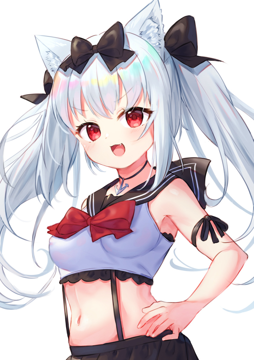 1girl :d animal_ear_fluff animal_ears azur_lane bare_shoulders black_bow black_sailor_collar black_skirt blush bow breasts cat_ears commentary_request covered_nipples crop_top fang hair_bow hand_on_hip highres looking_at_viewer medium_breasts midriff open_mouth pleated_skirt red_bow red_eyes sailor_collar school_uniform serafuku shirt silver_hair skirt sleeveless sleeveless_shirt smile solo tsukiman twintails white_shirt yukikaze_(azur_lane)