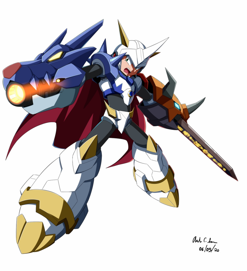 1boy android arm_cannon armor cape claws commentary commission crossover digimon digimon_adventure fusion helmet highres horns innovator123 male_focus omegamon open_mouth robot rockman rockman_x simple_background spikes sword weapon x_(rockman)