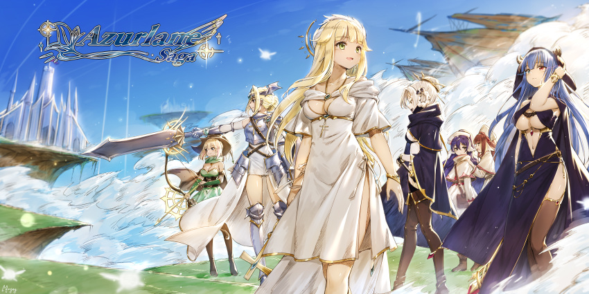 6+girls absurdres armor aurora_(azur_lane) azur_lane background_text bag bare_shoulders blonde_hair blue_eyes blue_hair boots bow_(weapon) breasts bridal_gauntlets brown_legwear cape capelet cleavage cloud commentary copyright_name corset cross detached_sleeves dress elbow_gloves english_commentary eyebrows_visible_through_hair floating floating_object full_body gauntlets gloves glowing glowing_eyes gold_trim grass green_dress green_eyes green_gloves hair_ornament hand_in_hair harutsuki_(azur_lane) hat head_wings heterochromia highres holding holding_bow_(weapon) holding_sword holding_weapon ibuki_(azur_lane) jeanne_d'arc_(azur_lane) jewelry large_breasts long_dress long_hair looking_to_the_side maya_g medium_breasts medium_hair multiple_girls navel outdoors purple_cape purple_dress purple_hair red_eyes red_hair richmond_(azur_lane) sheath sheathed sheffield_(azur_lane) side_cutout sleeveless sleeveless_dress sword thigh_boots thighhighs underboob_cutout very_long_hair weapon white_dress white_hair white_headwear yoizuki_(azur_lane)