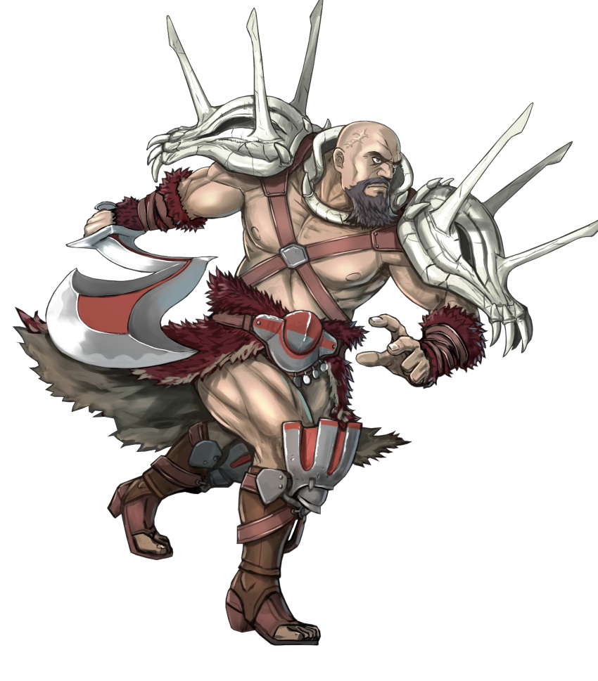 1boy abs axe bald beard black_hair bracelet crossed_arms dark_skin facial_hair fire_emblem fire_emblem_awakening fire_emblem_heroes full_body fur_trim highres jewelry male_focus mustafa_(fire_emblem) official_art sandals scar shirtless skull solo toshiyuki_kusakihara transparent_background