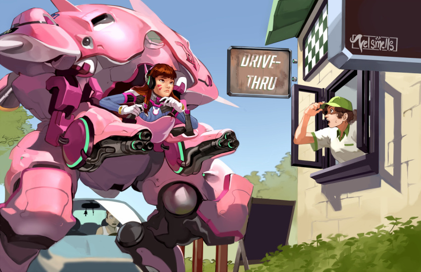 3girls blue_car blue_sky blunt_bangs brown_eyes brown_hair building car d.va_(overwatch) day drive-thru facial_mark gloves hand_on_own_chin long_hair mecha meka_(overwatch) motor_vehicle multiple_girls open_window open_window_shutter overwatch overwatch_1 pilot_suit robot sign sky straight_hair surprised sweatdrop thinking velinxi whisker_markings white_gloves window