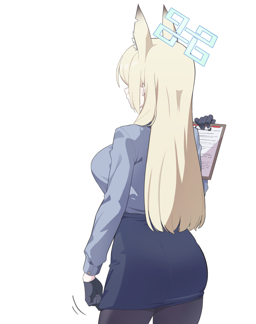 1girl absurdres adjusting_clothes adjusting_skirt animal_ear_fluff animal_ears ass black_gloves blonde_hair blue_archive blue_halo blue_shirt blue_skirt breasts clipboard commentary cowboy_shot dog_ears extra_ears from_behind gloves half_gloves halo highres holding holding_clipboard kanna_(blue_archive) long_hair long_sleeves nemoga notched_ear pantyhose pencil_skirt police police_uniform policewoman shirt shirt_tucked_in sideboob simple_background skirt uniform white_background