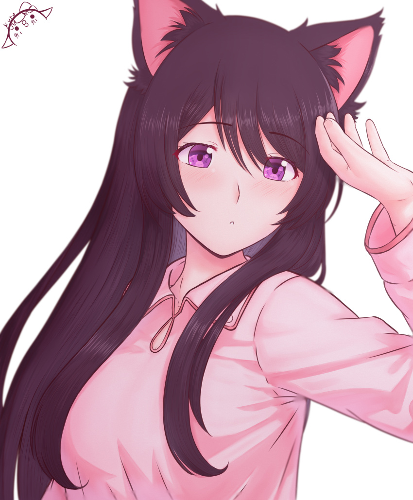 1girl absurdres animal_ears artist_logo black_hair cat_ears cat_girl commentary hair_between_eyes hanekawa_tsubasa highres kurumimi_birb long_hair monogatari_(series) pajamas pink_pajamas purple_eyes signature solo symbol-only_commentary