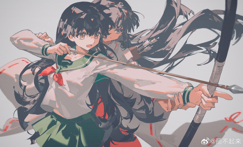 2girls arrow_(projectile) black_hair bow_(weapon) chinese_commentary closed_mouth collared_shirt commentary_request cowboy_shot drawing_bow eyelashes fingernails floating_hair green_sailor_collar green_skirt grey_background hakama hands_on_another's_arms highres higurashi_kagome holding holding_arrow holding_bow_(weapon) holding_weapon inuyasha japanese_clothes kikyou_(inuyasha) kimono libuqilai long_hair long_sleeves looking_ahead midriff_peek miko miniskirt multiple_girls neckerchief open_mouth pleated_skirt red_hakama red_neckerchief red_ribbon ribbon ribbon-trimmed_collar ribbon-trimmed_sleeves ribbon_trim sailor_collar school_uniform serafuku shadow shirt simple_background skirt sleeve_ribbon smile very_long_hair weapon weibo_watermark white_kimono white_shirt white_sleeves wide_sleeves yellow_eyes