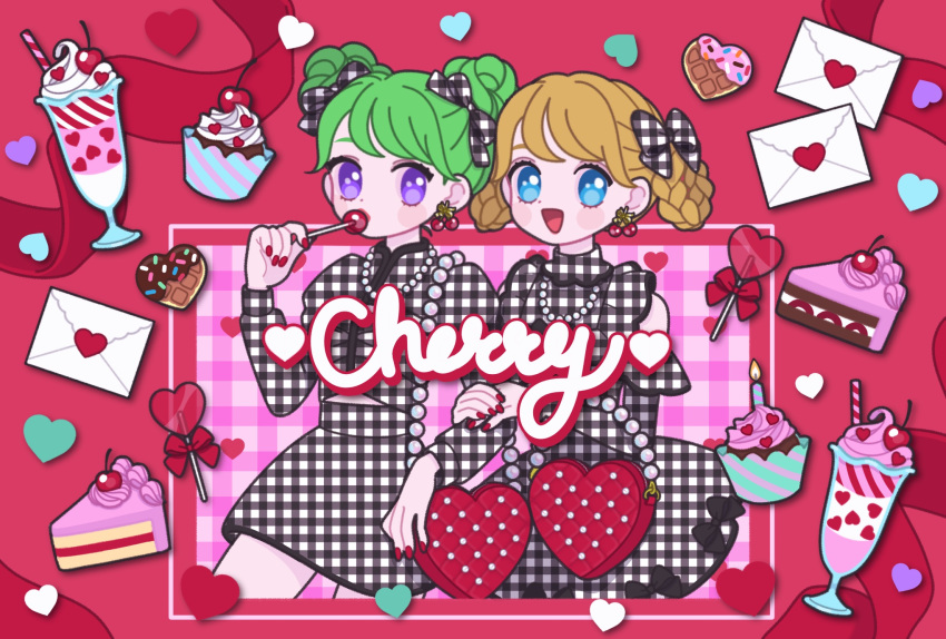 2girls :d arm_grab black_dress black_ribbon blonde_hair blue_eyes braided_hair_rings candle candy cherry cowboy_shot cupcake double_bun dress earrings envelope food fruit fukuhara_ann green_hair hair_bun hair_ribbon highres holding holding_candy holding_food holding_lollipop jewelry juliet_sleeves lollipop long_sleeves looking_at_another love_letter morizono_wakana multiple_girls nail_polish nyaasechan open_mouth parfait plaid plaid_dress pretty_rhythm pretty_rhythm_rainbow_live pretty_series puffy_sleeves purple_eyes purple_hair red_nails ribbon short_hair smile standing