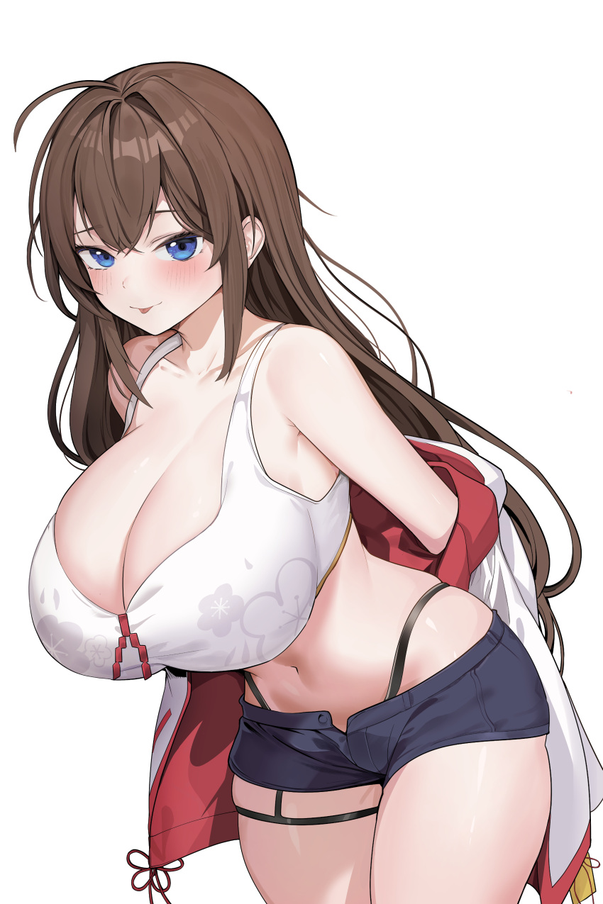 1girl absurdres ahoge bare_shoulders black_shorts blue_eyes bodiedwile breasts brown_hair cleavage closed_mouth collarbone commission cowboy_shot crop_top highleg highres huge_breasts jacket leaning_forward long_hair long_sleeves looking_at_viewer micro_shorts midriff navel off_shoulder open_clothes open_fly open_jacket original panty_straps raised_eyebrow shirt short_shorts shorts sidelocks simple_background skindentation sleeveless sleeveless_shirt smile solo standing stomach thigh_strap thighs tongue tongue_out very_long_hair white_background white_jacket white_shirt