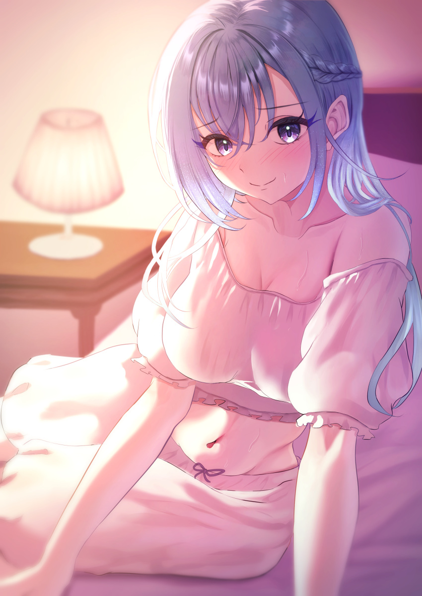 1girl absurdres blue_hair blush braid breasts cropped_shirt highres idolmaster idolmaster_shiny_colors indoors lantern large_breasts looking_at_viewer midriff misanga_(hxjd5354) navel off-shoulder_shirt off_shoulder shirt short_sleeves shorts sitting smile solo stomach suzuki_hana white_shirt white_shorts