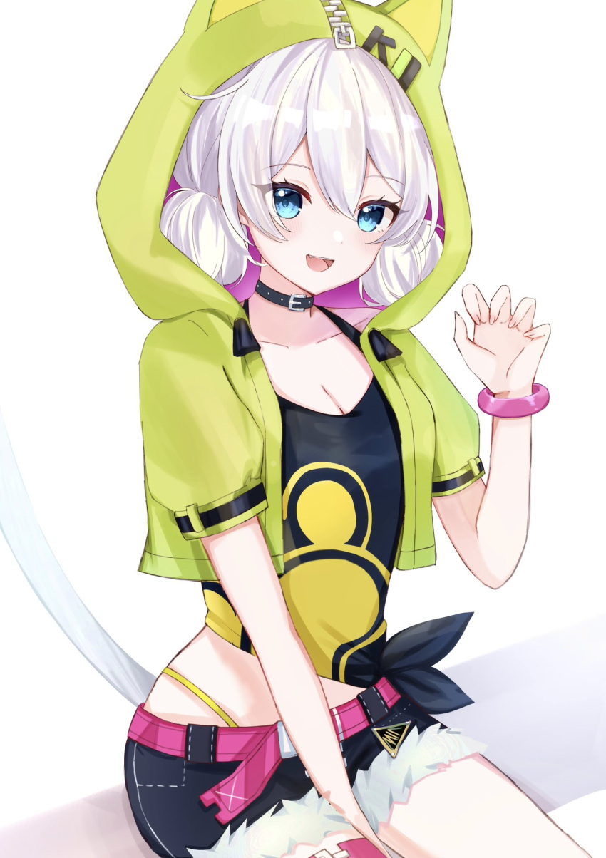 1girl :d black_camisole black_shorts blue_eyes breasts camisole claw_pose cleavage collarbone commentary cropped_jacket cutoffs denim denim_shorts green_jacket hair_between_eyes hand_up highres honkai_(series) honkai_impact_3rd hood hood_up hooded_jacket jacket kiana_kaslana kiana_kaslana_(knight_moonbeam) looking_at_viewer low_twintails medium_breasts puffy_short_sleeves puffy_sleeves short_shorts short_sleeves short_twintails shorts sitting smile solo symbol-only_commentary tail tdatnst twintails white_background white_hair