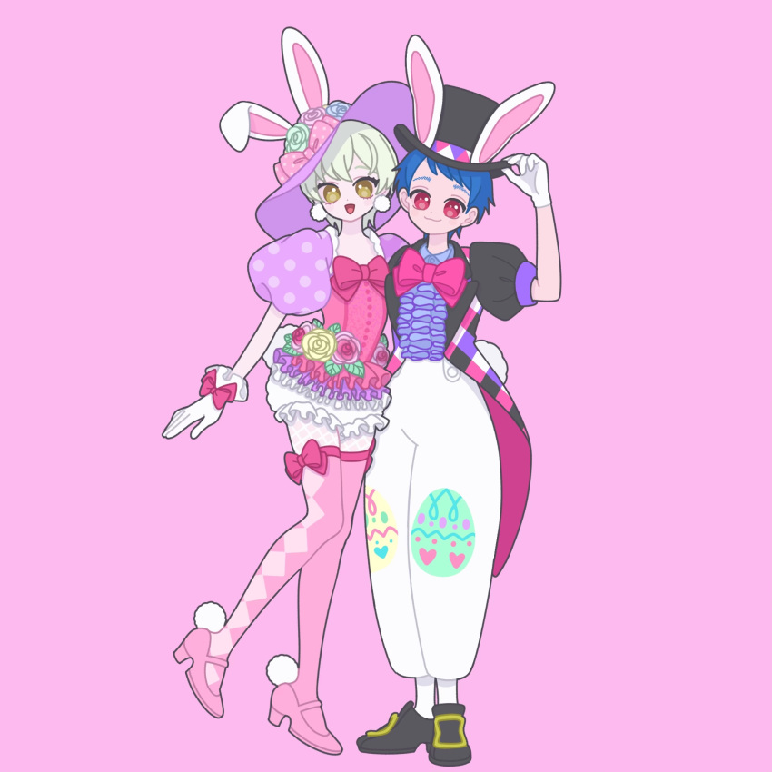 2boys :d animal_ears black_footwear black_jacket blue_hair bow coattails crossdressing earrings easter fake_animal_ears full_body gloves hand_on_headwear highres ichijou_shin jacket jewelry king_of_prism kisaragi_louis looking_at_viewer male_focus multiple_boys nyaasechan open_mouth otoko_no_ko pants pink_background pink_bow pink_footwear pink_thighhighs pom_pom_(clothes) pom_pom_earrings pretty_rhythm pretty_series puffy_short_sleeves puffy_sleeves purple_hat rabbit_ears rabbit_tail red_eyes shirt shoes short_hair short_sleeves shorts simple_background smile standing standing_on_one_leg tail thighhighs white_gloves white_hair white_pants white_shorts yellow_eyes