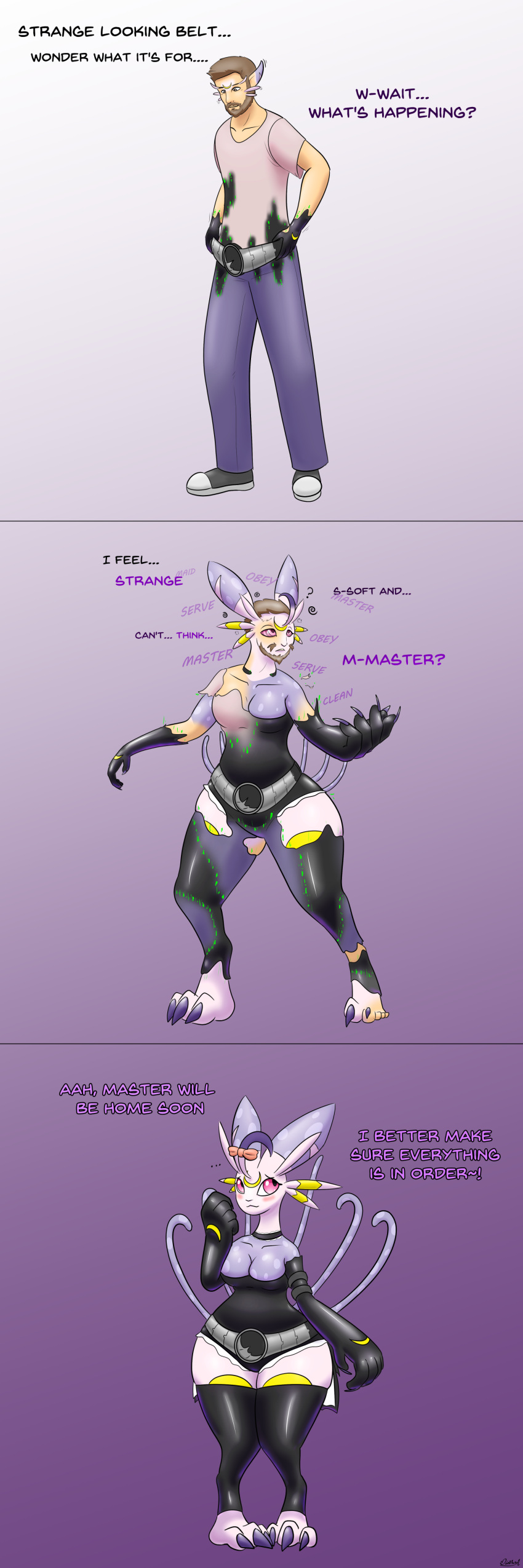 absurd_res alternate_costume anthro bandai_namco beard belt big_breasts blush breast_growth breasts brown_hair clothed clothing clothing_swap colored confusion dialogue diethyl digimon digimon_(species) english_text expansion facial_hair female fur gender_transformation growth hair hair_shrinking height_reduction hi_res human hypnosis identity_death lekismon leotard male mammal mind_alteration mind_control mtf_transformation personality_change purple_body purple_fur sequence solo species_transformation surprised_expression text thick_thighs thigh_expansion transformation white_body white_fur