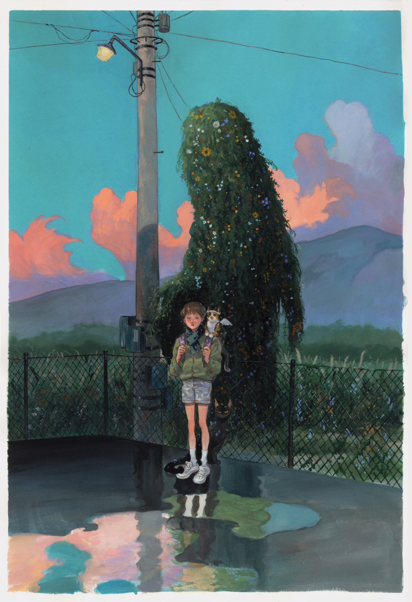 1boy animal_on_shoulder black_cat blue_scarf blue_sky border brown_eyes brown_hair cat cat_on_shoulder chain-link_fence cloud commentary_request day fence field flower grass green_jacket head_wreath highres holding_strap jacket korean_commentary lamp long_sleeves making-of_available male_focus monster mountainous_horizon n0ma oil-paper_umbrella open_mouth original outdoors power_lines puddle reflection reflective_water scarf scenery shoes short_hair shorts sky sneakers socks standing umbrella utility_pole white_border white_footwear white_shorts white_socks winged_animal