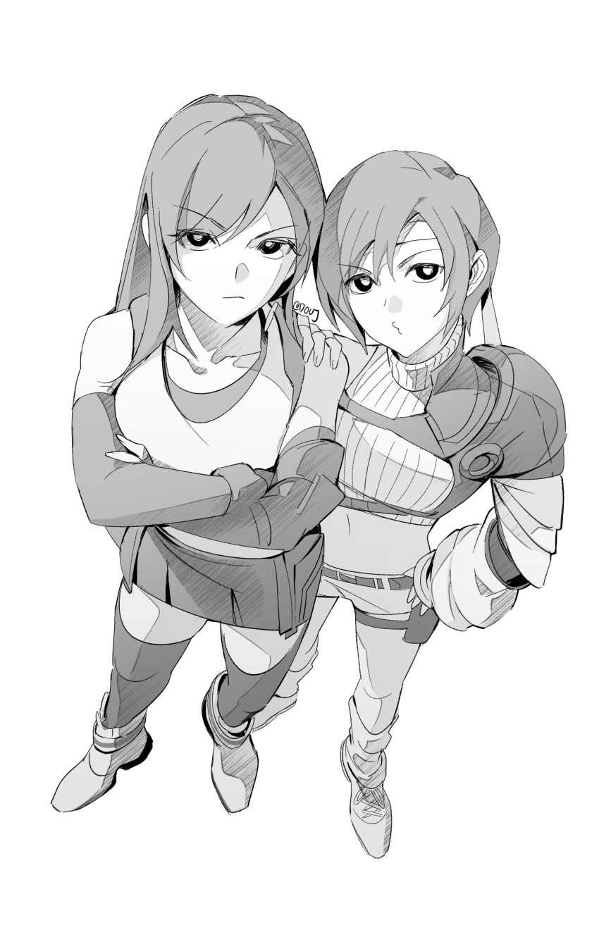 2girls absurdres bare_shoulders belt black_sports_bra boots closed_mouth collarbone commentary crop_top cropped_sweater crossed_arms duoj_ji elbow_gloves final_fantasy final_fantasy_vii final_fantasy_vii_rebirth final_fantasy_vii_remake fingerless_gloves from_above full_body gloves greyscale hand_on_another's_shoulder hand_on_own_hip headband highres long_hair looking_at_viewer midriff monochrome multiple_girls serious short_hair shorts single_bare_shoulder single_shoulder_pad skirt sleeveless sleeveless_turtleneck sports_bra standing suspender_skirt suspenders sweater swept_bangs tank_top thighhighs tifa_lockhart turtleneck turtleneck_sweater twitter_username white_background white_tank_top yuffie_kisaragi zettai_ryouiki