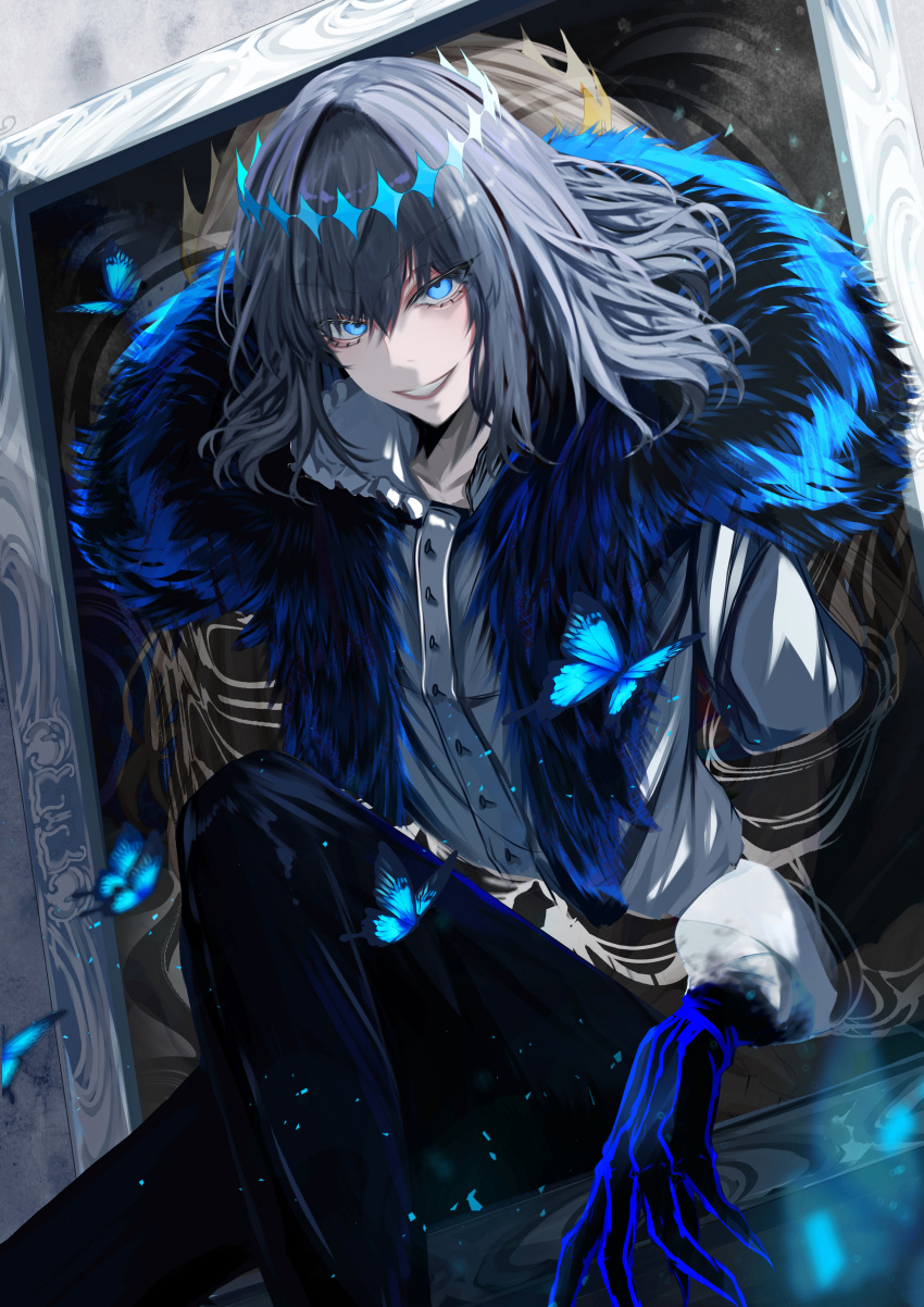 1boy absurdres antinese arthropod_boy black_hair blue_eyes bug butterfly_wings cape cloak collared_shirt crown diamond_hairband fate/grand_order fate_(series) fur-trimmed_cape fur-trimmed_cloak fur_trim highres insect_wings long_sleeves looking_at_viewer male_focus medium_hair oberon_(fate) oberon_(third_ascension)_(fate) official_alternate_hair_color shirt smile solo white_shirt wings