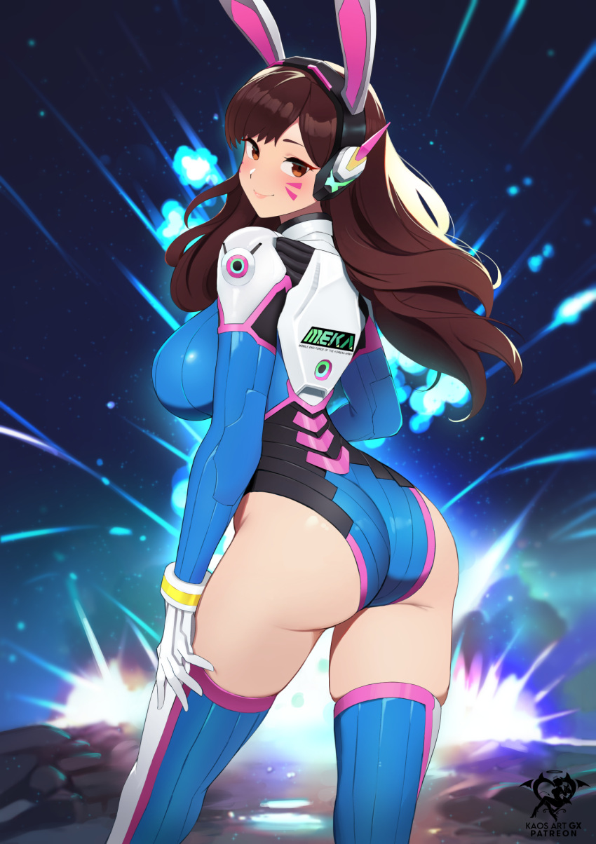 1girl adapted_costume animal_ears artist_name ass breasts brown_eyes brown_hair closed_mouth commentary d.va_(overwatch) explosion facial_mark fake_animal_ears from_behind gloves highres kaos_art leotard lips logo long_hair long_sleeves looking_at_viewer looking_back medium_breasts night night_sky outdoors overwatch shiny_skin skin_tight sky smile thighhighs thighs white_gloves