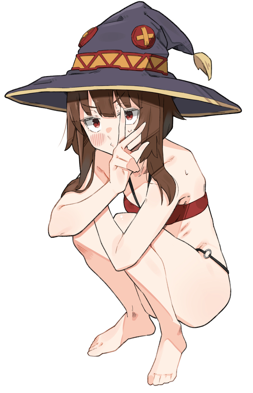 1girl absurdres barefoot bikini blush breasts brown_hair feet full_body hat highres kono_subarashii_sekai_ni_shukufuku_wo! legs looking_at_viewer megumin o-ring o-ring_bikini red_bikini red_eyes sattinittas simple_background sketch small_breasts solo squatting swimsuit toes v white_background witch_hat