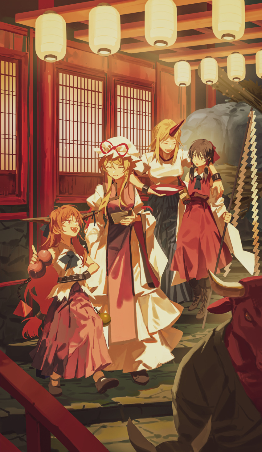 2others 4girls absurdres arm_over_shoulder ascot blonde_hair blue_oni bottle bow brown_hair closed_eyes cuffs cup detached_sleeves dress frilled_hair_tubes frills gohei gourd hair_bow hair_tubes hakurei_reimu hat hat_ribbon highres holding holding_bottle holding_club holding_cup holding_gohei holding_gourd horn_ornament horn_ribbon horns hoshiguma_yuugi huang_gua ibuki_suika lantern long_hair long_sleeves masu mob_cap multiple_girls multiple_others oni open_mouth orange_hair paper_lantern purple_tabard red_bow red_ribbon red_skirt ribbon sakazuki shackles shirt single_horn skirt skirt_set smile tabard torn_clothes torn_sleeves touhou traditional_youkai very_long_hair white_shirt wide_sleeves yakumo_yukari