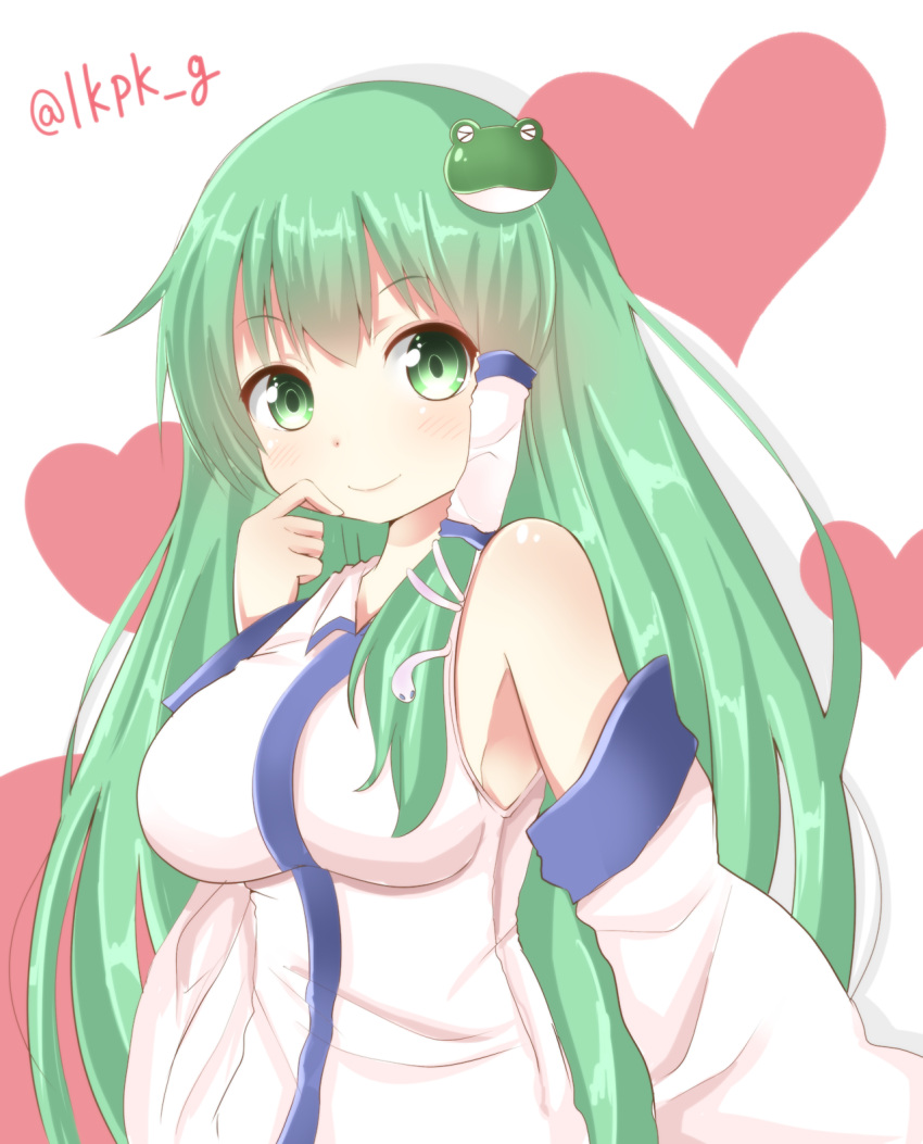 1girl akino_ell bad_id bad_pixiv_id bare_shoulders breasts closed_mouth detached_sleeves frog_hair_ornament green_eyes green_hair hair_ornament hair_tubes heart highres kochiya_sanae large_breasts long_hair looking_at_viewer smile snake_hair_ornament solo touhou twitter_username upper_body white_background