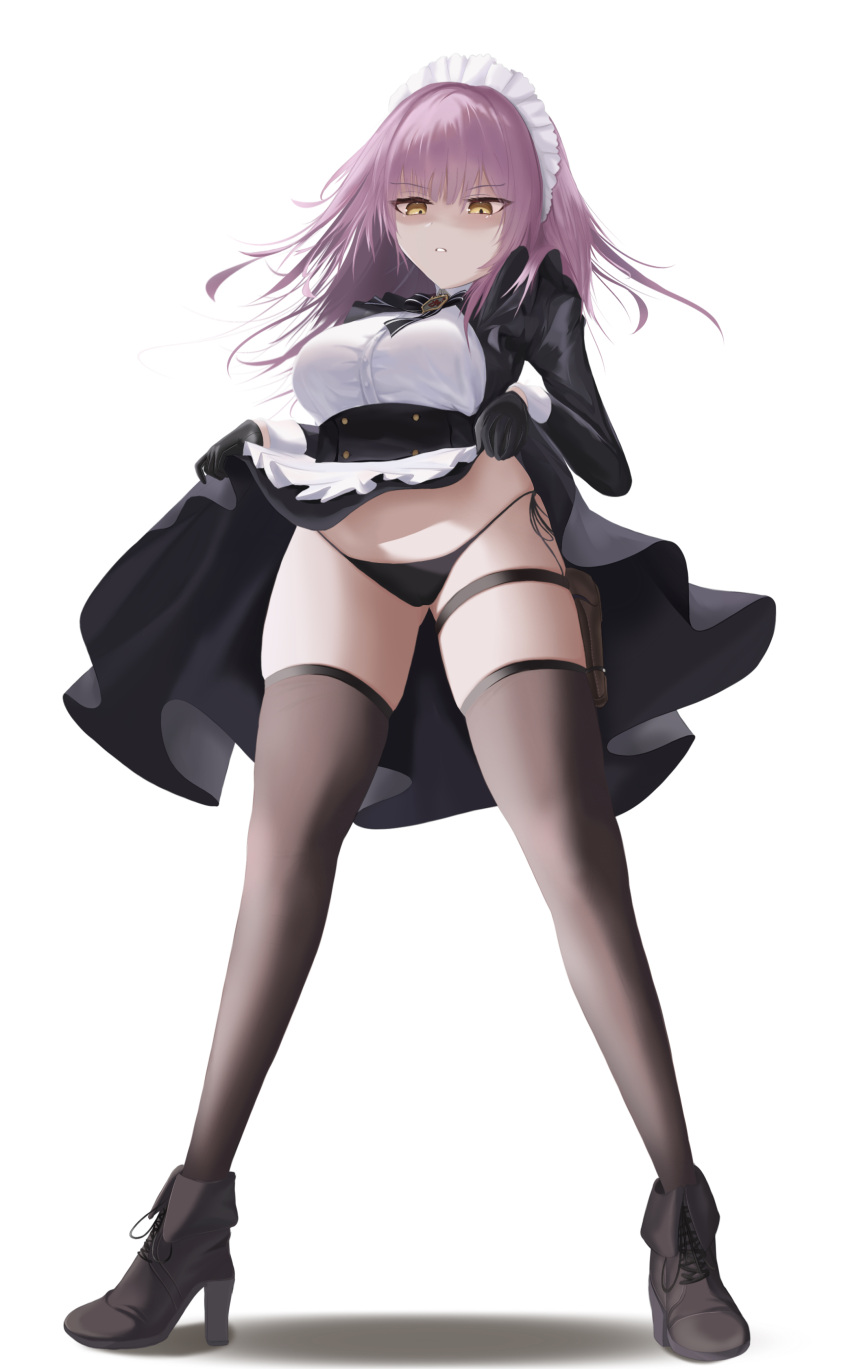 1girl absurdres apron ass_visible_through_thighs azur_lane bikini black_bow black_bowtie black_gloves black_panties black_thighhighs bow bowtie breasts brown_footwear cheems devonshire_(azur_lane) dress emblem full_body gloves hands_up high_heels highres holster long_sleeves looking_at_viewer maid maid_headdress medium_breasts medium_hair panties parted_lips purple_hair shaded_face side-tie_bikini_bottom simple_background skindentation solo standing swimsuit taut_clothes taut_dress thigh_holster thighhighs underwear waist_apron white_apron white_background yellow_eyes