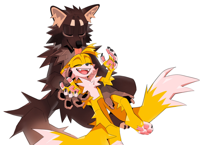 5_fingers anthro aseysh brown_body brown_fur canid canine canis cuddling duo eyes_closed fan_character fingers fox fur licking licking_head male mammal miles_prower nude sega simple_background smile sonic_the_hedgehog_(series) tongue white_background wolf