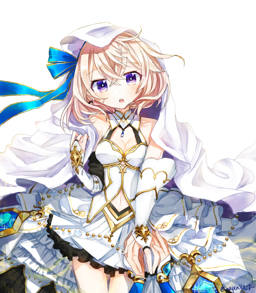 blonde_hair blue_ribbon breasts cleavage dress elbow_gloves eleanor_(shironeko_project) frilled_dress frills gloves hair_ribbon highres long_ribbon navel purple_eyes ribbon shironeko_project short_hair wcpcallet