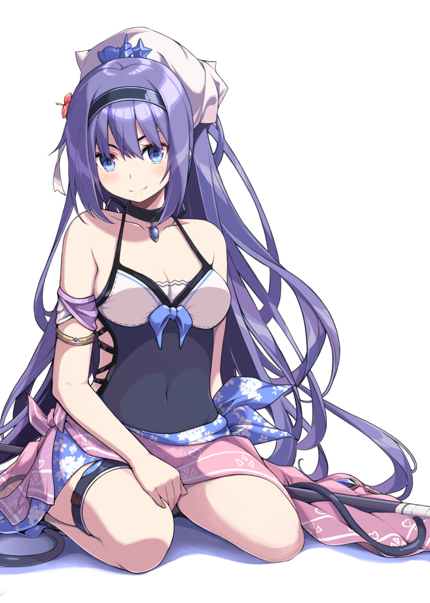 armlet blue_one-piece_swimsuit breasts casual_one-piece_swimsuit flower hair_flower hair_ornament halterneck highres medium_breasts mifuyu_(princess_connect!) mifuyu_(summer)_(princess_connect!) one-piece_swimsuit princess_connect! ribucci sarong shell_hair_ornament swimsuit thigh_strap