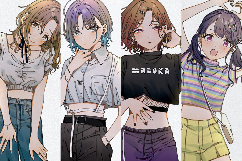 absurdres ahoge arm_up arms_up asakura_toru bag bangle belt belt_buckle black_pants black_shirt blue_hair blush bracelet breast_pocket breasts brown_eyes brown_hair buckle buttons character_name choker cleavage closed_mouth clothes_writing collarbone collared_shirt column_lineup commentary_request cowboy_shot crop_top crop_top_overhang cross cross_earrings denim dot_nose ear_piercing earrings fangs feet_out_of_frame fishnets fukumaru_koito gradient_hair grey_background grey_eyes grey_shirt hair_ornament hairclip half-closed_eyes hand_in_pocket hand_on_own_stomach handbag head_tilt heart heart_hands highres higuchi_madoka hoop_earrings ichikawa_hinana idolmaster idolmaster_shiny_colors iwawa jeans jewelry long_hair looking_at_viewer midriff mole mole_under_eye multicolored_hair multicolored_nails multicolored_shirt multiple_rings nail_polish navel no_navel noctchill_(idolmaster) open_mouth pants parted_bangs parted_lips piercing pocket puffy_sleeves purple_eyes purple_hair purple_shorts ribbon_choker ring shirt short_hair short_sleeves short_twintails shorts shoulder_bag skin_fangs smile twintails white_shirt yellow_shorts