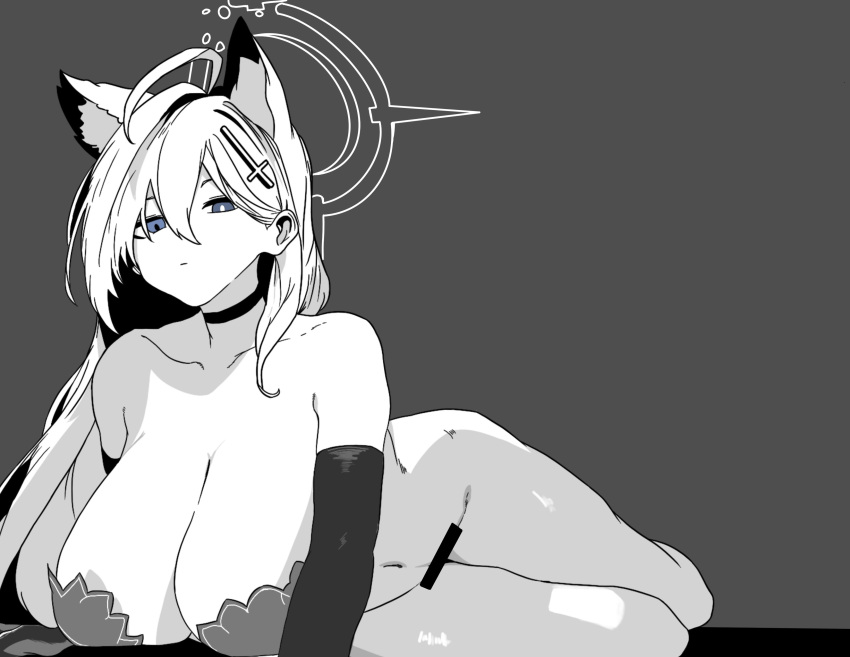 absurdres black_choker blue_archive bra choker greyscale highres hoshinong monochrome nude shiroko_(blue_archive) shiroko_terror_(blue_archive) underwear