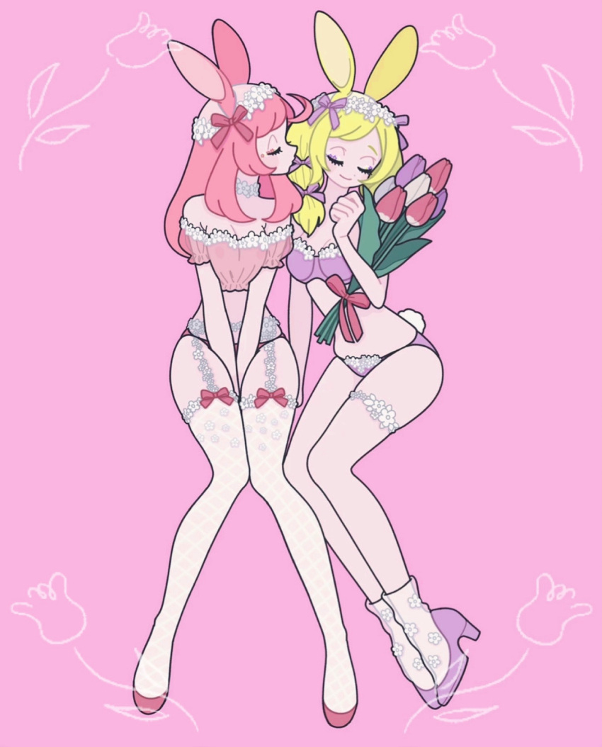 2girls animal_ears ayase_naru bare_shoulders between_legs blonde_hair bouquet bra closed_eyes commentary_request crop_top facing_another flower full_body hair_ribbon hand_between_legs high_heels highres holding holding_bouquet imminent_kiss invisible_chair long_hair multiple_girls nyaasechan panties pink_background pink_hair pink_ribbon pretty_rhythm pretty_rhythm_rainbow_live pretty_series profile purple_bra purple_footwear purple_panties purple_ribbon rabbit_ears rabbit_tail red_flower ribbon shoes sitting smile socks tail takanashi_otoha thighhighs tulip underwear underwear_only white_socks white_thighhighs yuri