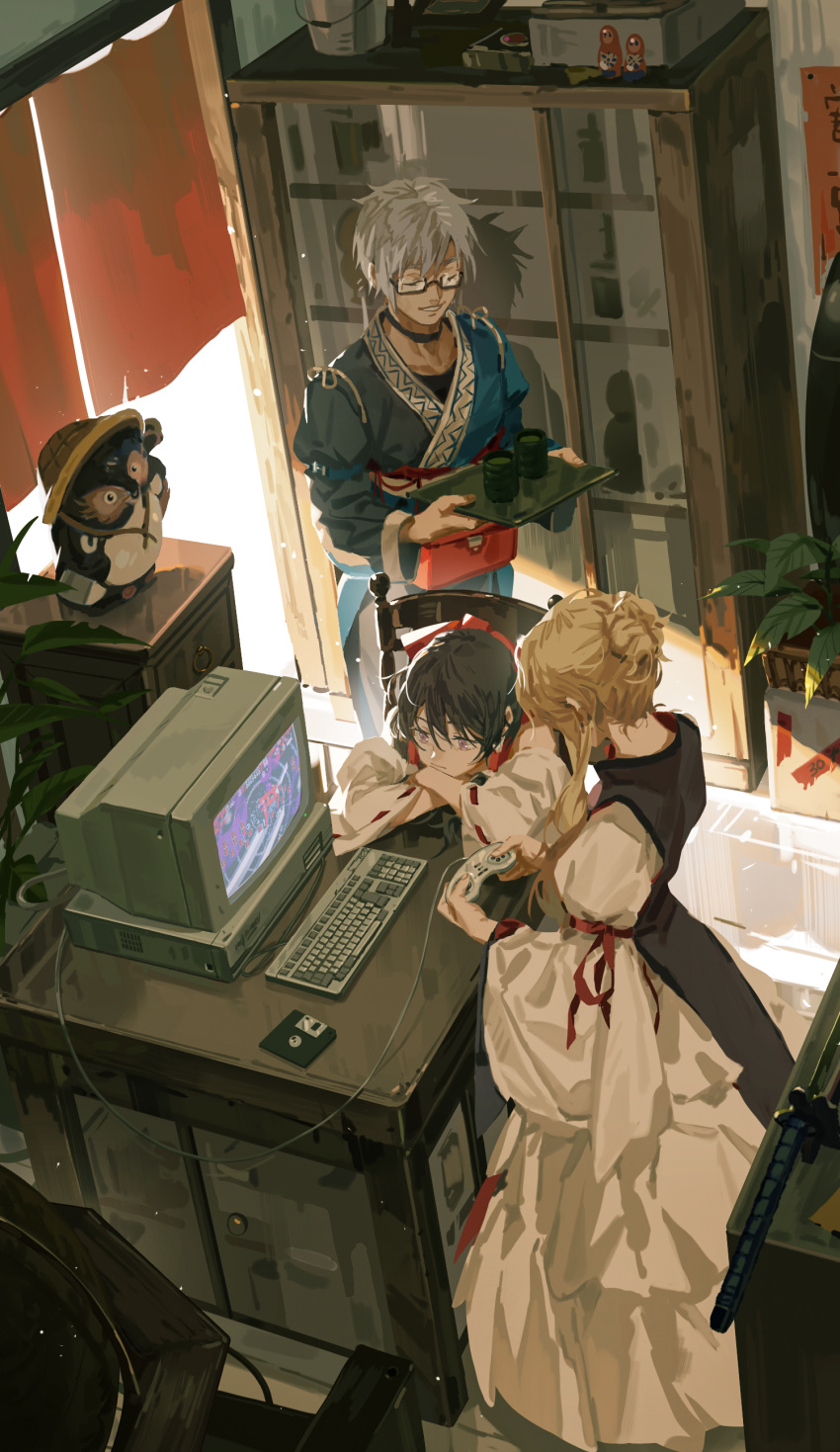 1boy 2girls absurdres black_choker black_hair blonde_hair bow choker closed_mouth controller crt cup detached_sleeves dress floppy_disk frilled_hair_tubes frills glasses grey_hair hair_bow hair_tubes hakurei_reimu highres holding holding_controller holding_tray huang_gua indoors japanese_clothes keyboard_(computer) long_hair long_sleeves monitor morichika_rinnosuke multiple_girls no_headwear on_chair playing_games purple_tabard red_bow ribbon-trimmed_sleeves ribbon_trim shelf short_hair smile tabard touhou tray wide_sleeves yakumo_yukari yunomi