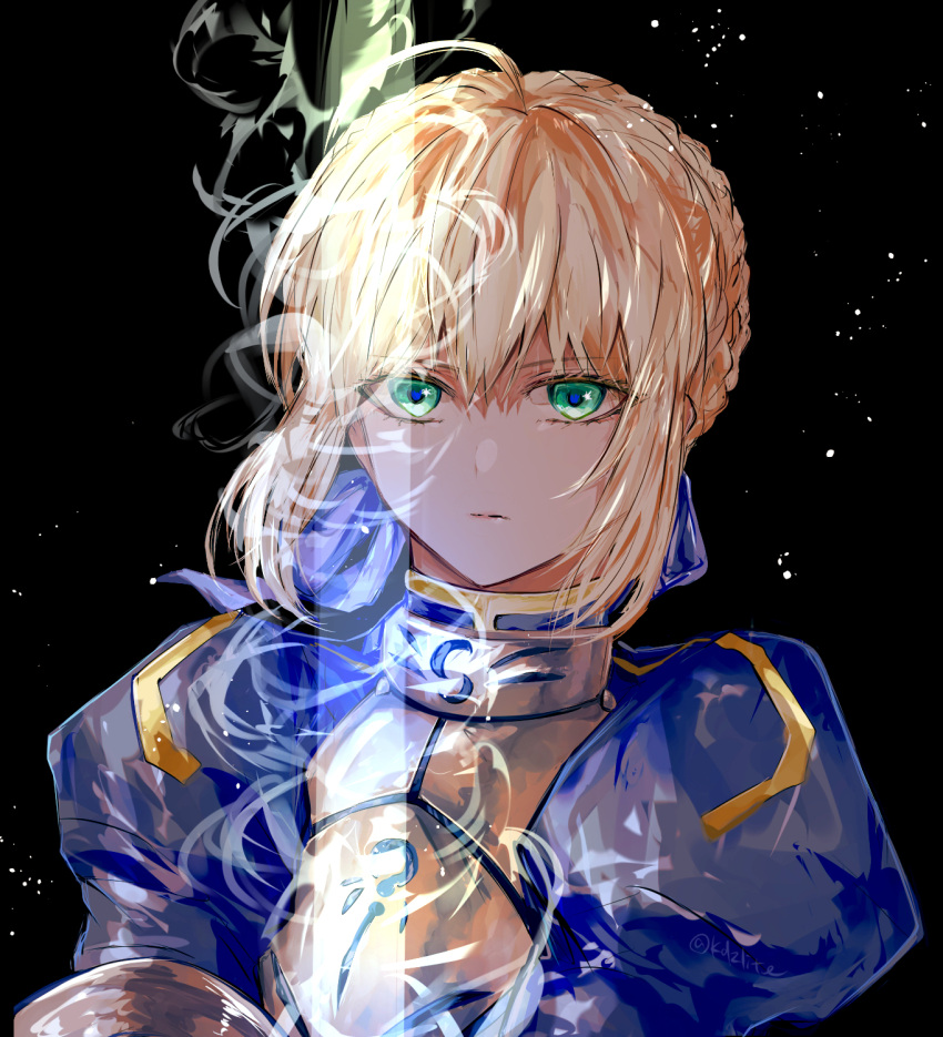 1girl armor artoria_pendragon_(fate) black_background blonde_hair blue_dress braid closed_mouth dress english_commentary expressionless fate/stay_night fate_(series) green_eyes highres invisible_air_(fate) juliet_sleeves light_particles long_sleeves looking_at_viewer puffy_sleeves saber_(fate) short_hair sidelocks sodamachi solo upper_body