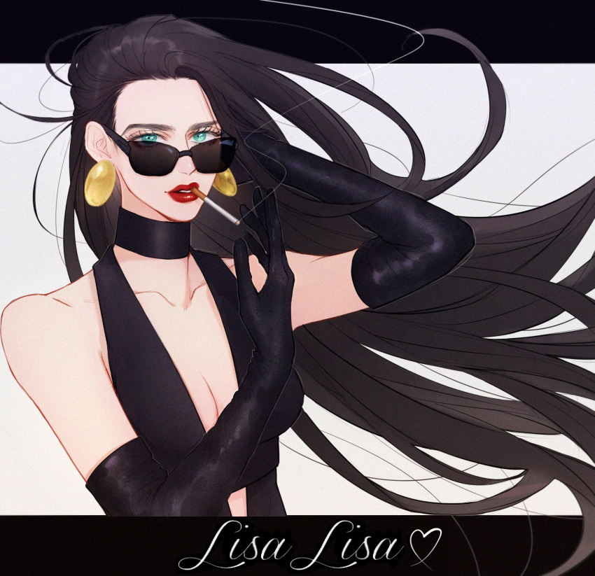 1girl black_choker black_dress black_gloves black_hair blue_eyes character_name choker cigarette commentary_request dress earrings elbow_gloves eyelashes floating_hair gloves heart highres jewelry jojo_no_kimyou_na_bouken ko_mooon letterboxed lisa_lisa long_hair looking_at_viewer red_lips smoke sunglasses upper_body