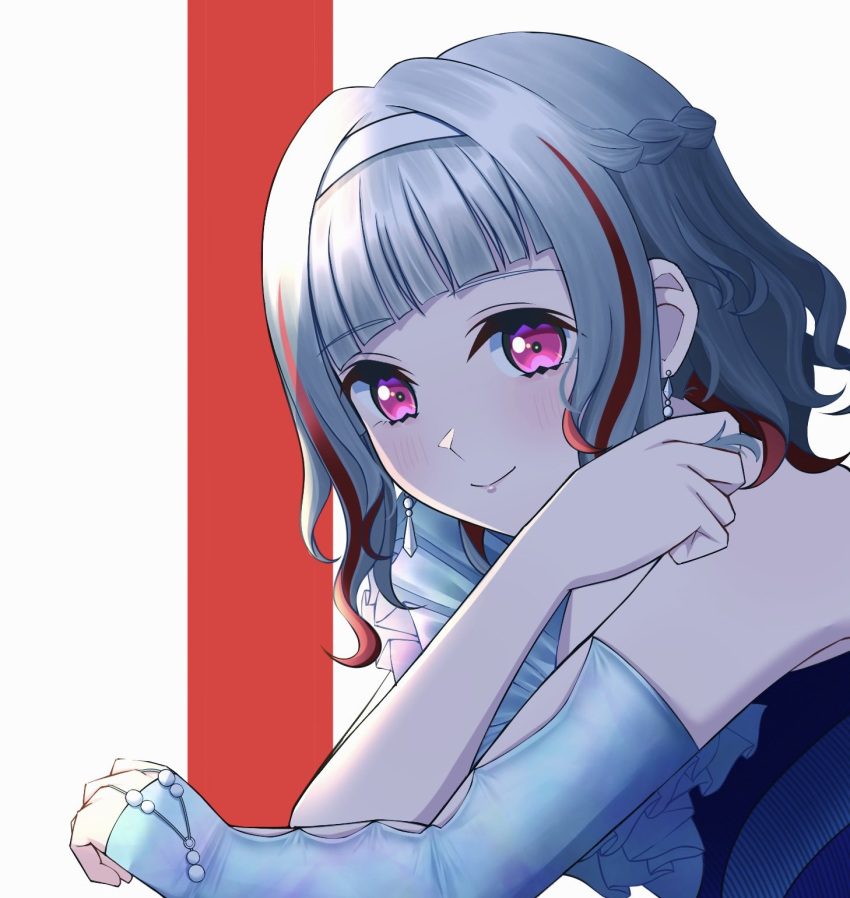 1girl ame_(amedayo_njgk) backlighting blue_dress blush braid closed_mouth commentary_request detached_sleeves diagonal_bangs dress earrings french_braid frilled_dress frills grey_hair hairband highres jewelry link!_like!_love_live! long_sleeves looking_at_viewer love_live! multicolored_hair official_alternate_costume official_alternate_hairstyle pink_eyes red_background red_hair short_hair sidelocks single-shoulder_dress single_detached_sleeve sleeves_past_wrists smile solo streaked_hair striped_background tsubasa_la_liberte_(love_live!) virtual_youtuber wavy_hair white_background white_hairband yugiri_tsuzuri