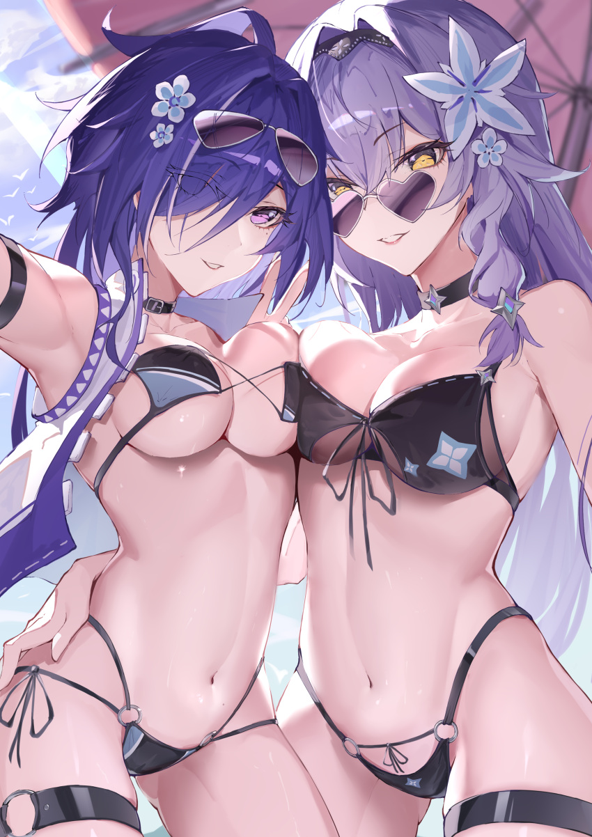 2girls absurdres acheron_(honkai:_star_rail) armpits bare_shoulders beach bikini black_bikini black_choker black_swan_(honkai:_star_rail) breasts choker cleavage collarbone gzdv2457 hair_over_one_eye hair_spread_out highres honkai:_star_rail honkai_(series) large_breasts long_hair looking_at_viewer midriff multicolored_hair multiple_girls navel purple_eyes purple_hair side-tie_bikini_bottom stomach streaked_hair string_bikini swimsuit very_long_hair yellow_eyes yuri