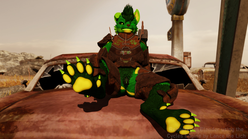 ambiguous_gender andromorph anthro armor bethesda_softworks bone_tail canid canine canis claws clothing curling_toes fallout feet female foot_fetish foot_focus foot_play fur genitals green_body green_fur hairy_pussy hi_res intersex lance_barrowpaw lance_the_lich lich male mammal pawpads paws post-apocalyptic pubes pussy raider_(fallout) skeletal_tail solo solo_focus spread_toes tail toe_claws toes undead wolf