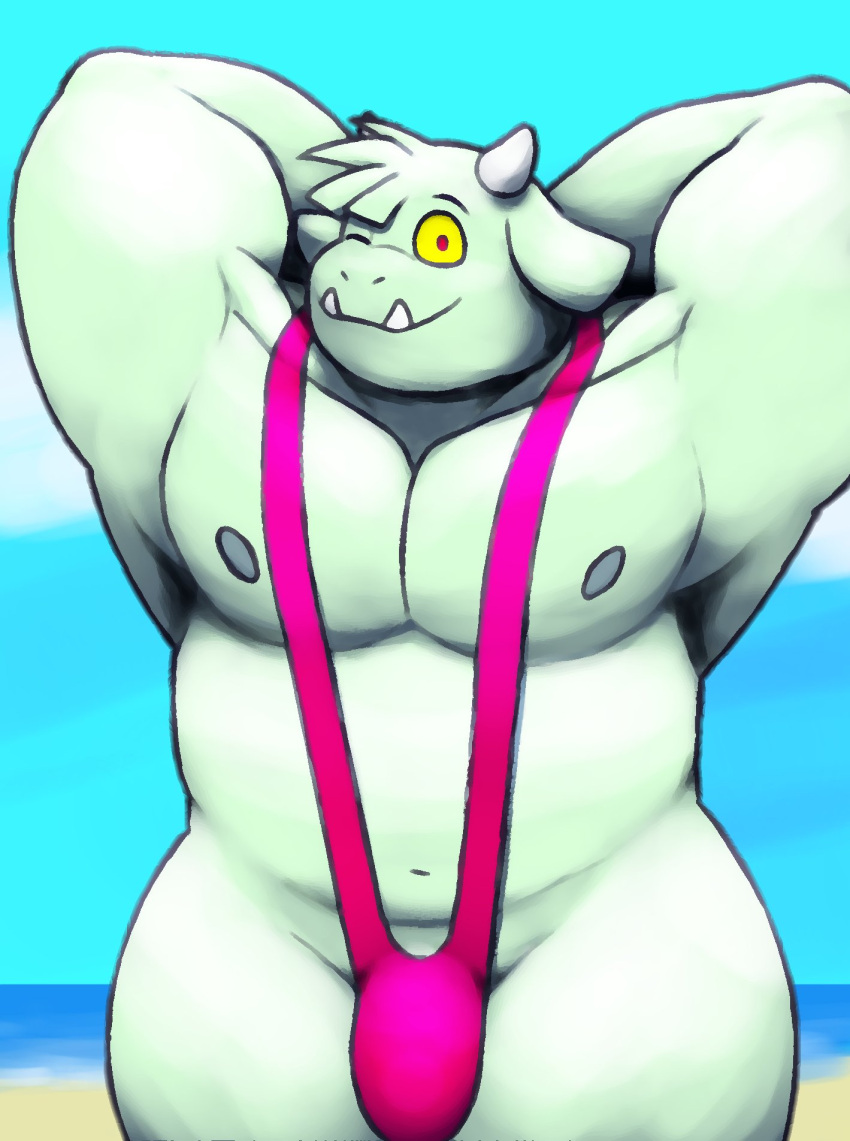 amane_charlie anthro beach biceps bovid bulge caprine enfer_belial flexing fur genitals goat grey_body grey_fur hi_res horn kings_of_hell male mammal mankini muscular muscular_anthro muscular_male navel one_eye_closed pecs penis penis_base pose red_eyes smile solo tusks wink yellow_sclera