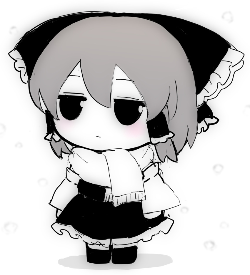 bow braid chibi frilled_bow frilled_hair_tubes frills fumo_(doll) hair_bow hair_ornament hair_tubes hakurei_reimu highres light_blush long_sleeves monochrome nontraditional_miko red_bow rei_(tonbo0430) scarf skirt skirt_set solo standing touhou twin_braids white_background