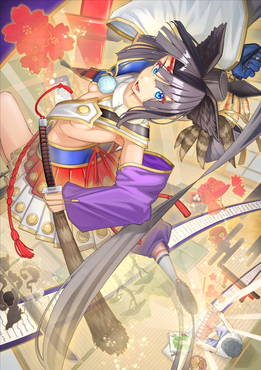 1girl absurdres armor asymmetrical_clothes asymmetrical_sleeves black_hair blue_eyes breast_curtains breasts detached_sleeves fate/grand_order fate_(series) feather_hair_ornament feathers hair_ornament hat highres japanese_armor kusazuri long_hair looking_at_viewer maousoshi medium_breasts mismatched_sleeves open_mouth parted_bangs purple_sleeves revealing_clothes shoulder_armor showgirl_skirt sidelocks single_pantsleg smile sode solo tate_eboshi ushiwakamaru_(fate) white_sleeves