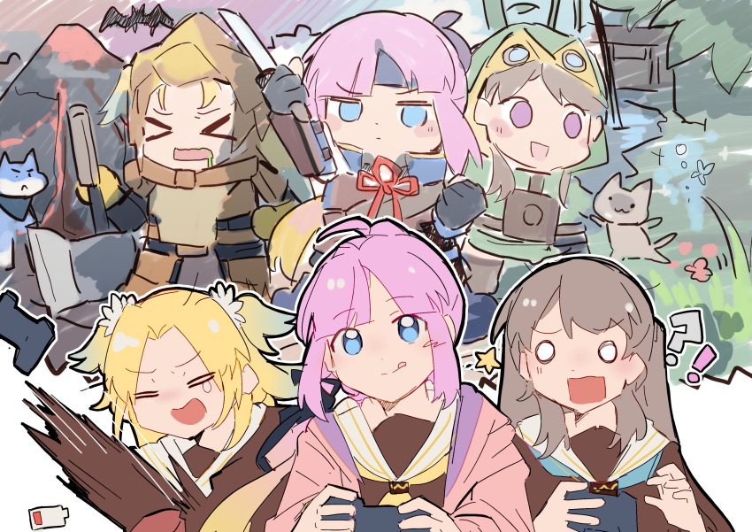 !? &gt;_&lt; 3girls :d :q =_= absurdres anyoji_hime aqua_neckerchief armor bat_(animal) battery_indicator black_gloves black_headband blonde_hair blue_eyes blue_hair brown_hair closed_eyes closed_mouth commentary controller deformed forest fujishima_megumi game_controller gloves gradient_hair green_tunic hasu_no_sora_school_uniform headband highres holding holding_controller holding_game_controller holding_knife japanese_armor jitome knife light_blue_hair link!_like!_love_live! long_hair love_live! mira-cra_park! multicolored_hair multiple_girls nature neckerchief nimingduz o_o open_mouth osawa_rurino outline parted_bangs pink_hair playing_games purple_hair rectangular_mouth red_neckerchief sailor_collar school_uniform single_tear smear_frame smile star_(symbol) surprised symbol-only_commentary throwing tongue tongue_out virtual_youtuber volcano white_outline white_sailor_collar yellow_neckerchief