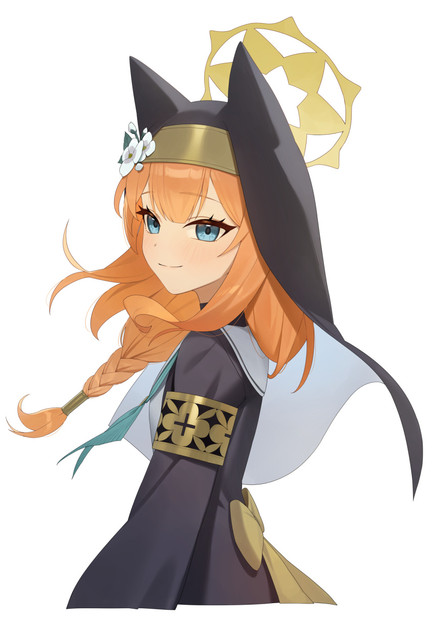 1girl animal_ear_hood black_dress blue_archive blue_eyes braid dress flower glow_(user_hnpv7785) habit halo hat hat_flower highres hood looking_at_viewer mari_(blue_archive) orange_hair single_braid smile solo white_background yellow_halo