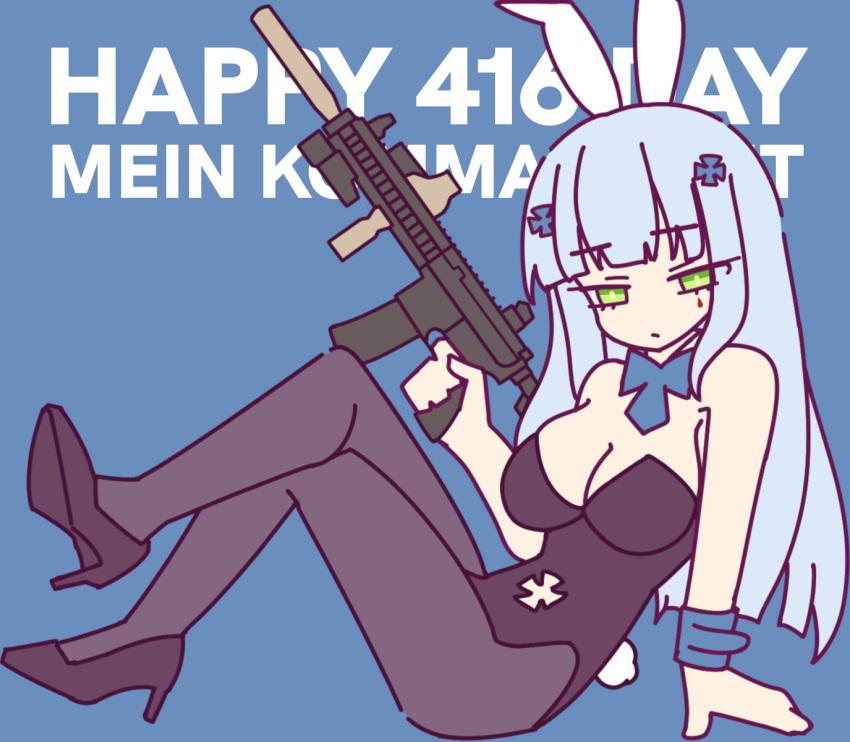 1girl animal_ears assault_rifle bare_shoulders black_footwear black_pantyhose blue_background blue_hair breasts cleavage commentary crossed_legs english_commentary english_text girls'_frontline green_eyes gun hair_ornament high_heels highres hk416_(girls'_frontline) holding holding_gun holding_weapon long_hair looking_at_viewer necktie pantyhose rabbit_ears rabbit_hole_(vocaloid) rifle simple_background sitting snafu_(snafy_snu) solo teardrop_facial_mark weapon