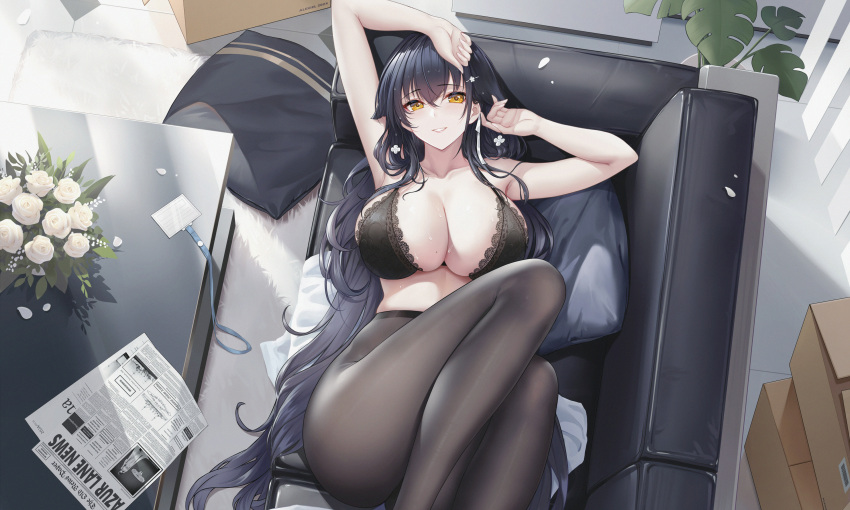 1girl absurdres alexiel_(pixiv6211566) arm_up azuma_(azur_lane) azur_lane black_bra black_hair black_pantyhose box bra breasts cardboard_box cleavage couch cropped from_above high_heels highres large_breasts legs looking_at_viewer lying manjuu_(azur_lane) office_lady on_back pantyhose paper pillow plant potted_plant smile soles underwear yellow_eyes