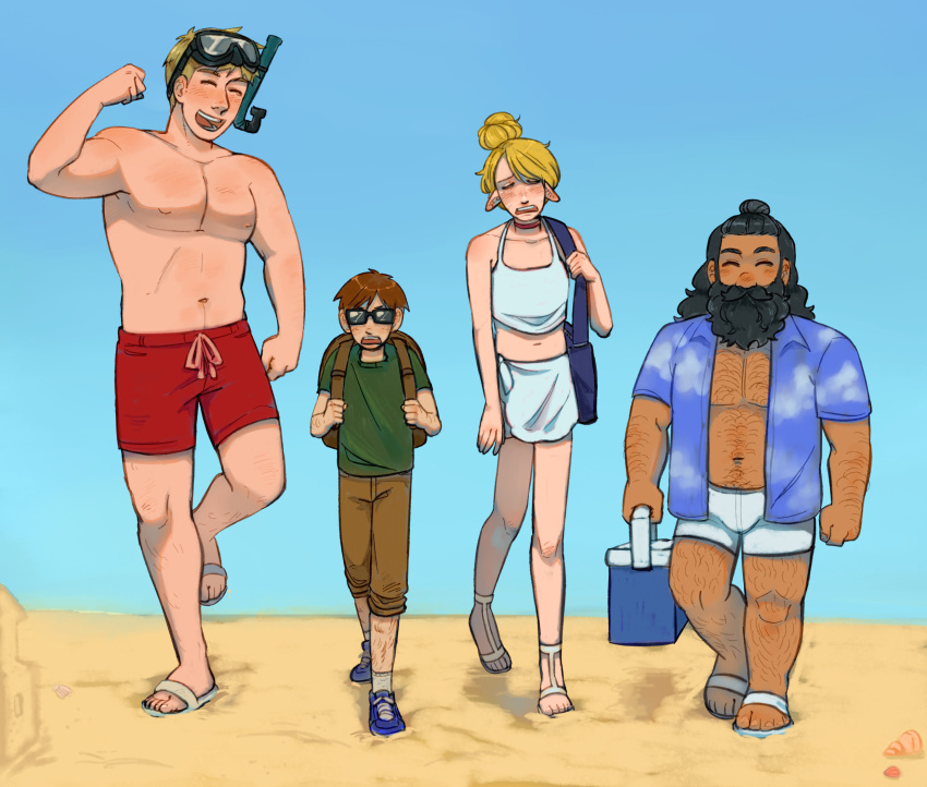 1girl 3boys bara beard belly brown_hair chilchuck_tims chvvy dark-skinned_male dark_skin dungeon_meshi dwarf facial_hair hairy happy hawaiian_shirt highres laios_touden long_beard male_focus male_swimwear marcille_donato midriff multiple_boys official_alternate_costume pectoral_cleavage pectorals plump senshi_(dungeon_meshi) shirt short_shorts shorts sparse_leg_hair sparse_navel_hair swim_trunks thick_arm_hair thick_chest_hair thick_leg_hair thick_mustache thick_navel_hair very_hairy