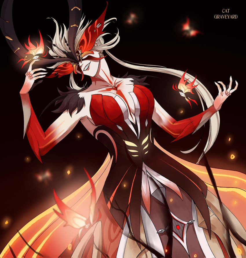 1girl 5others artist_name bare_shoulders black_nails blonde_hair breasts bug butterfly_wings cat_graveyard cleavage collarbone covered_eyes crimson_lotus_moth_(genshin_impact) dress fire genshin_impact highres insect_wings long_hair mask multiple_others nail_polish ponytail red_dress signora_(crimson_witch_of_embers)_(genshin_impact) signora_(genshin_impact) smile solo upper_body very_long_hair wings