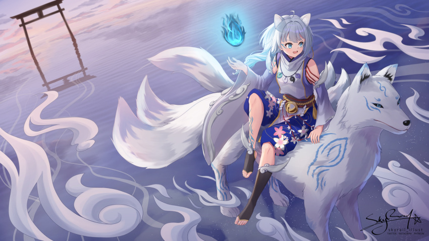 1girl animal_ears asymmetrical_legwear bare_shoulders barefoot bell black_socks blue_eyes bodypaint detached_sleeves floral_print fox fox_ears grey_hair hairstyle_request hand_up highres horizon indie_virtual_youtuber long_hair looking_to_the_side magic multiple_tails ocean official_art open_mouth outstretched_hand sayu_okami sayu_sincronisity shorts signature sitting sitting_on_animal skyrail smile socks sunset tail toeless_legwear toes torii virtual_youtuber walking walking_on_liquid wide_shot wide_sleeves