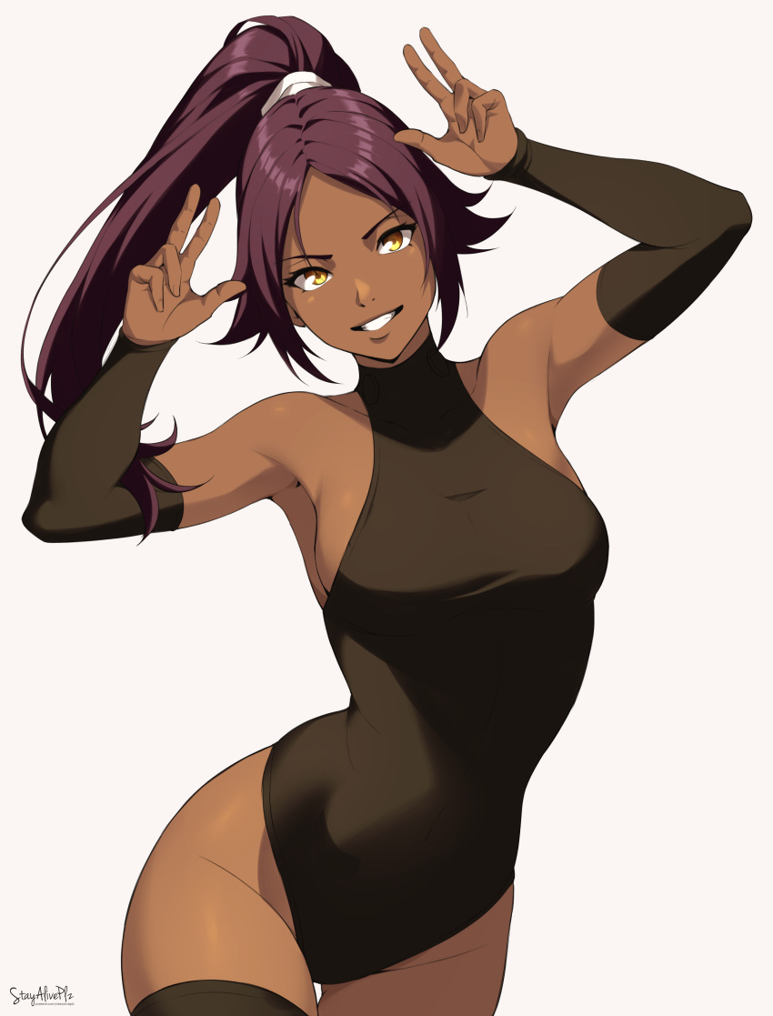 1girl absurdres artist_name bare_shoulders black_sleeves black_thighhighs bleach breasts contrapposto covered_navel dark-skinned_female dark_skin detached_sleeves double_v english_commentary hands_up highres large_breasts long_hair looking_at_viewer parted_bangs ponytail purple_hair shihouin_yoruichi sideboob sleeveless_turtleneck_leotard smile solo stayaliveplz thigh_gap thighhighs thighs toned v white_background yellow_eyes