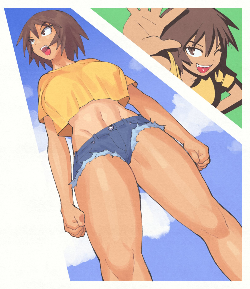 1girl azumanga_daioh blue_shorts breasts brown_eyes brown_hair dark-skinned_female dark_skin denim denim_shorts highres inkerton-kun kagura_(azumanga_daioh) looking_at_viewer medium_breasts micro_shorts navel one_eye_closed piercing short_hair shorts solo tongue_piercing