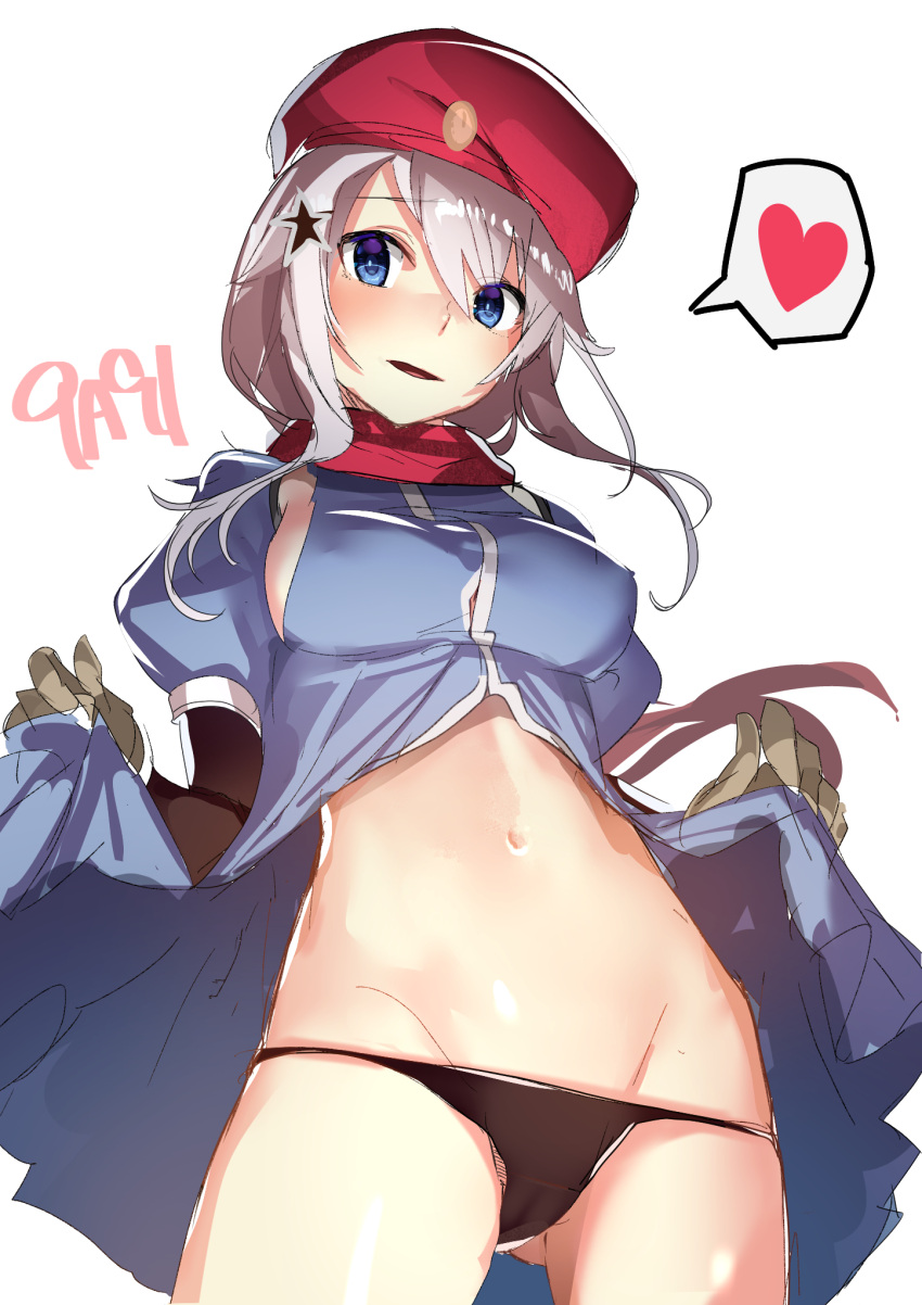 1girl 9a-91_(girls'_frontline) ass_visible_through_thighs beret black_panties blue_dress blue_eyes breasts brown_gloves character_name clothes_lift commentary_request cowboy_shot dress dress_lift from_below front_slit girls'_frontline gloves grey_hair groin hair_between_eyes hair_ornament hat heart highres long_bangs long_hair looking_at_viewer looking_down lowleg lowleg_panties medium_breasts navel panties parted_lips puffy_short_sleeves puffy_sleeves red_hat red_scarf scarf short_sleeves sideboob sideboob_cutout simple_background solo speech_bubble spoken_heart star_(symbol) star_hair_ornament stomach string_panties swept_bangs thighs underwear white_background yamacchi
