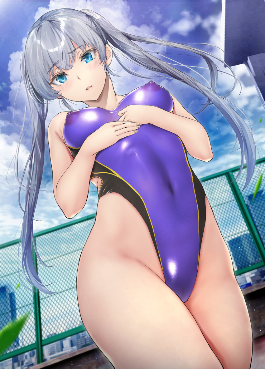 1girl blue_eyes blush commentary_request competition_swimsuit covered_navel covered_nipples cowboy_shot from_below gentsuki grey_hair highleg highleg_swimsuit highres hip_focus kuroe_(kimi_omou_koi) long_hair looking_at_viewer looking_down one-piece_swimsuit original outdoors parted_lips purple_one-piece_swimsuit solo standing swimsuit thighs